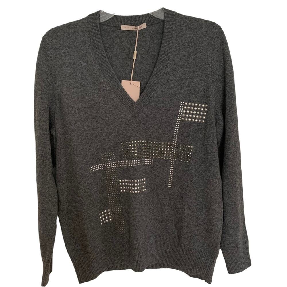 Christopher Kane Grey Wool Cashmere Hotfix V Neck Jumper Sweater Small